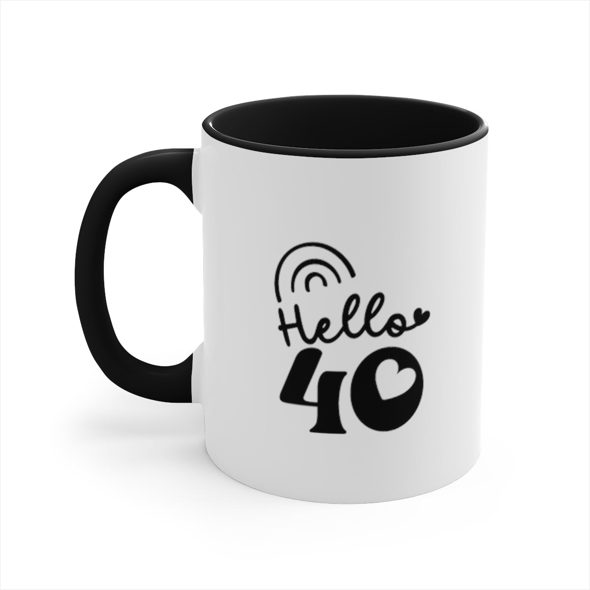 Graphic "Hello 40" White Coffee Mug with Black Interior and Handle, 11oz