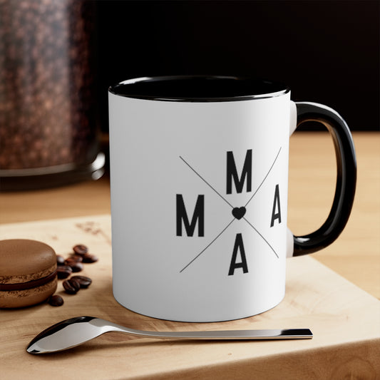 Black Graphic "Mama" Compass, White Coffee Mug with Black Interior and Handle, 11oz