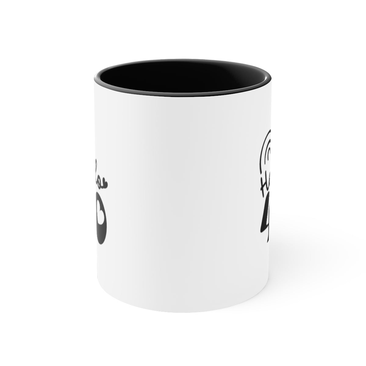 Graphic "Hello 40" White Coffee Mug with Black Interior and Handle, 11oz