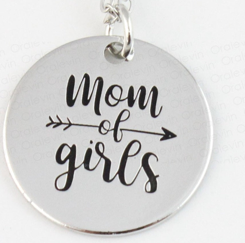 Mom of Girls Engraved Pendant Charm Necklace