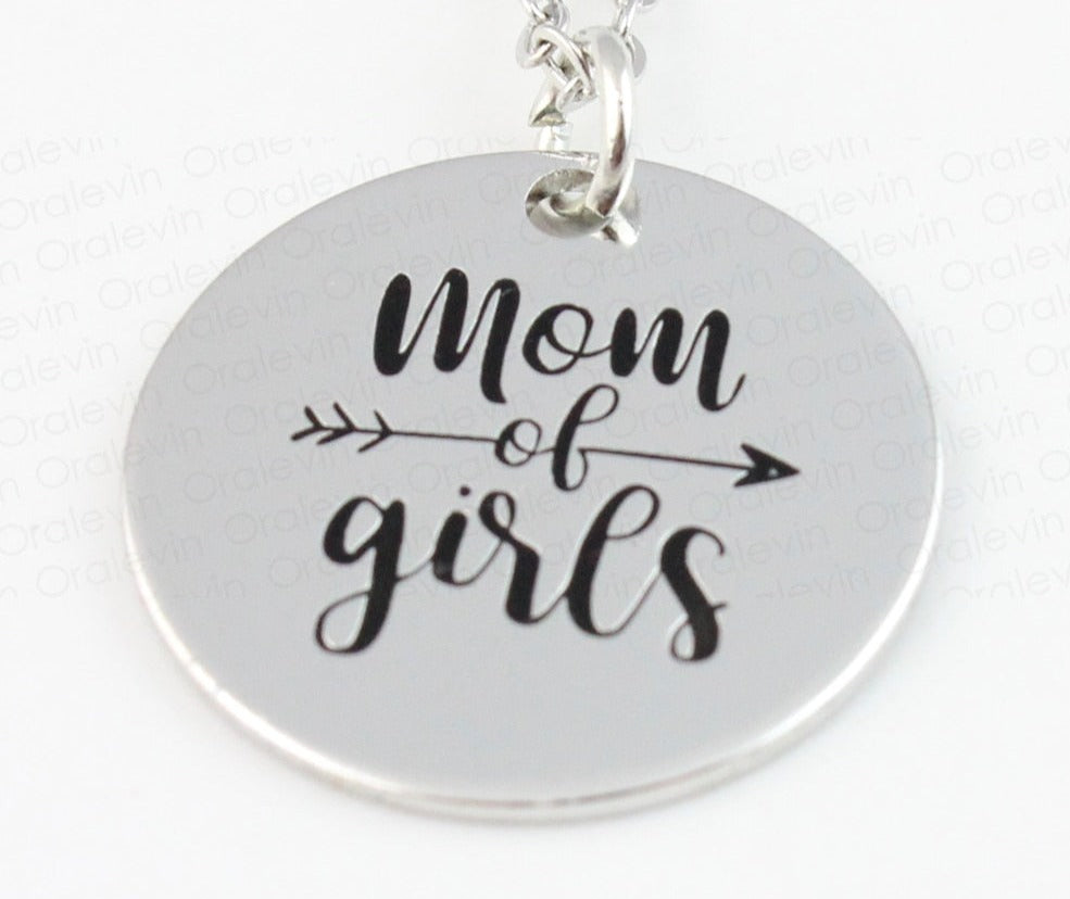 Mom of Girls Engraved Pendant Charm Necklace