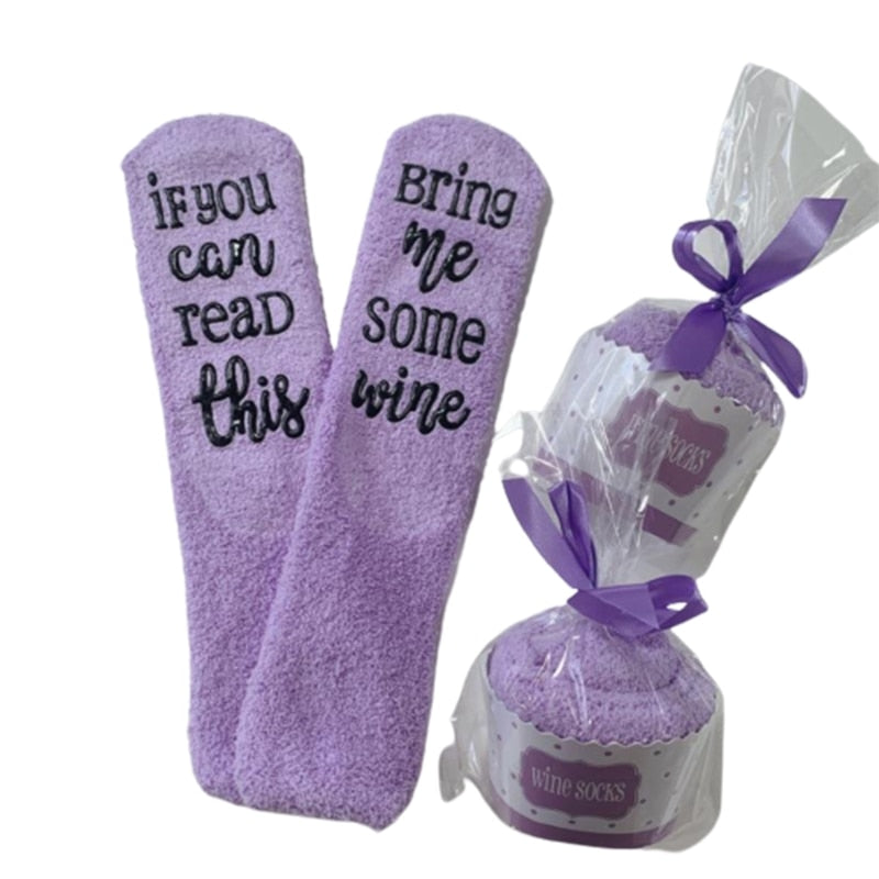 If You Can Read This Bring Me Some Wine Anti-Slip Fuzzy Socks  in Cupcake Packaging