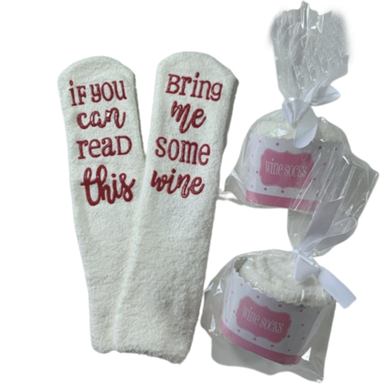 If You Can Read This Bring Me Some Wine Anti-Slip Fuzzy Socks  in Cupcake Packaging