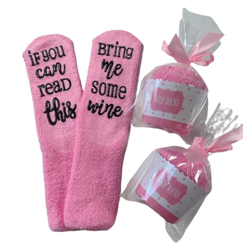 If You Can Read This Bring Me Some Wine Anti-Slip Fuzzy Socks  in Cupcake Packaging