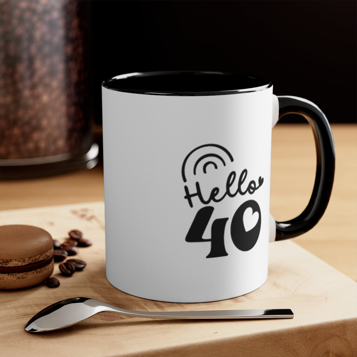 Graphic "Hello 40" White Coffee Mug with Black Interior and Handle, 11oz