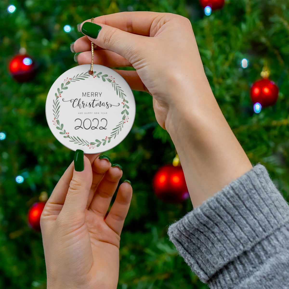 Year 2022 Custom Holiday Round Ceramic Tree Ornament