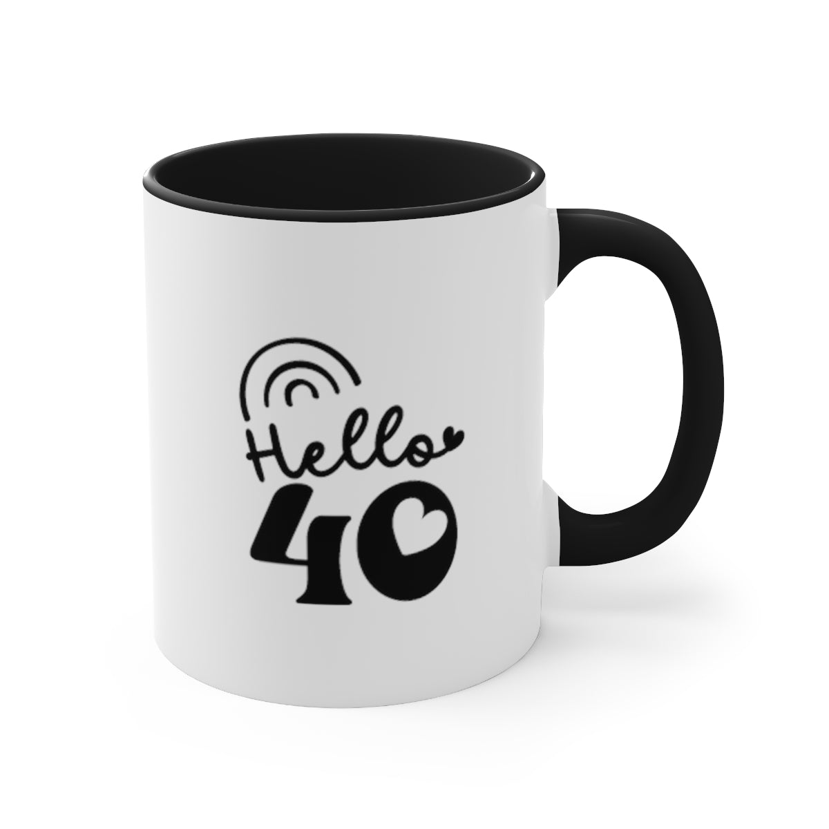 Graphic "Hello 40" White Coffee Mug with Black Interior and Handle, 11oz